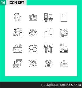 16 Universal Outlines Set for Web and Mobile Applications car, side, environment, refrigerator, by Editable Vector Design Elements
