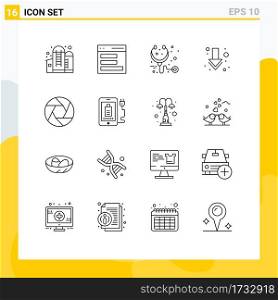16 Universal Outlines Set for Web and Mobile Applications focus, aperture, care, full, arrow Editable Vector Design Elements
