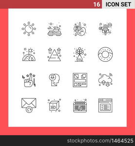 16 Universal Outlines Set for Web and Mobile Applications globe, record, cancer, multimedia, world Editable Vector Design Elements