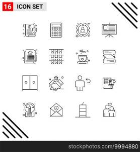 16 Universal Outlines Set for Web and Mobile Applications real, document, management, presentation, analytics Editable Vector Design Elements
