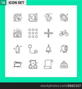 16 Universal Outlines Set for Web and Mobile Applications video, marketing, hardware, watch, fashion Editable Vector Design Elements