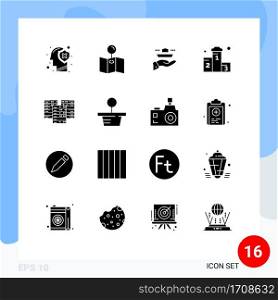 16 Universal Solid Glyph Signs Symbols of center, won, resturant, win, award Editable Vector Design Elements