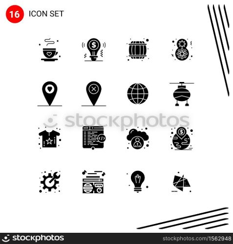 16 Universal Solid Glyph Signs Symbols of location, gift, solution, flower, drink Editable Vector Design Elements