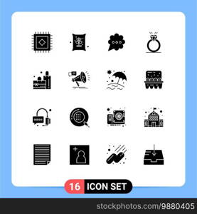 16 Universal Solid Glyph Signs Symbols of marketing, plain, comment, bag, marriage Editable Vector Design Elements