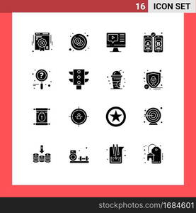 16 Universal Solid Glyph Signs Symbols of research, mobile, red, web design, education Editable Vector Design Elements