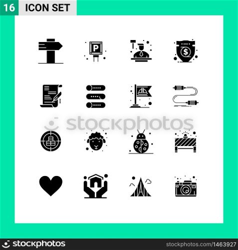 16 Universal Solid Glyphs Set for Web and Mobile Applications document, agreement, auctioneer, money, insurance Editable Vector Design Elements