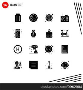 16 Universal Solid Glyphs Set for Web and Mobile Applications more, detail, drop, radio, weather Editable Vector Design Elements
