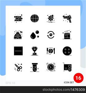 16 Universal Solid Glyphs Set for Web and Mobile Applications planetarium, building, options, weapons, gun Editable Vector Design Elements