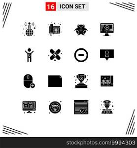 16 Universal Solid Glyphs Set for Web and Mobile Applications success, achievement, education, music, monitor Editable Vector Design Elements