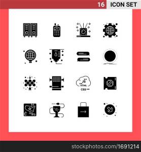 16 Universal Solid Glyphs Set for Web and Mobile Applications world, globe, incense, web, gear Editable Vector Design Elements