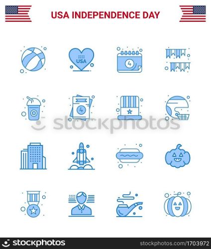 16 USA Blue Pack of Independence Day Signs and Symbols of bottle; decoration; american; buntings; american day Editable USA Day Vector Design Elements
