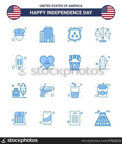 16 USA Blue Pack of Independence Day Signs and Symbols of heart; popsicle; shield; ice cream; law Editable USA Day Vector Design Elements