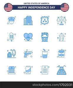16 USA Blue Pack of Independence Day Signs and Symbols of heart  popsicle  shield  ice cream  law Editable USA Day Vector Design Elements