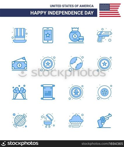 16 USA Blue Pack of Independence Day Signs and Symbols of money; weapon; dollar; army; gun Editable USA Day Vector Design Elements