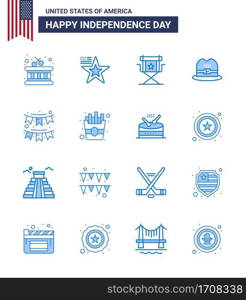 16 USA Blue Signs Independence Day Celebration Symbols of decoration  american  director  american  hat Editable USA Day Vector Design Elements
