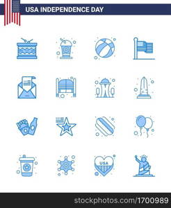 16 USA Blue Signs Independence Day Celebration Symbols of email  thanksgiving  soda  flag  usa Editable USA Day Vector Design Elements