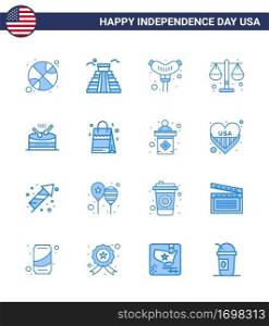16 USA Blue Signs Independence Day Celebration Symbols of music  drum  food  scale  justice Editable USA Day Vector Design Elements