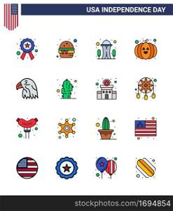 16 USA Flat Filled Line Pack of Independence Day Signs and Symbols of eagle; animal; building; festival; food Editable USA Day Vector Design Elements