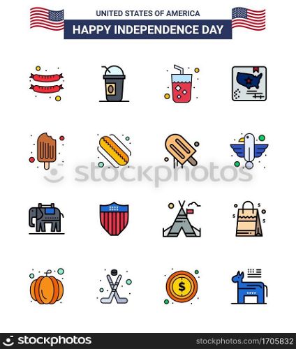 16 USA Flat Filled Line Pack of Independence Day Signs and Symbols of food; cold; drink; world; flag Editable USA Day Vector Design Elements