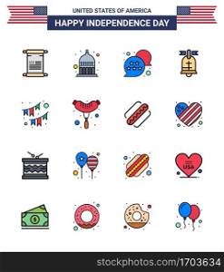 16 USA Flat Filled Line Signs Independence Day Celebration Symbols of buntings  usa  flag  american  ball Editable USA Day Vector Design Elements