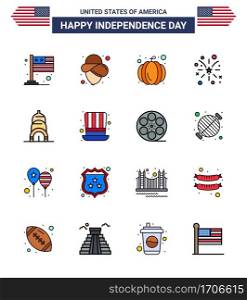 16 USA Flat Filled Line Signs Independence Day Celebration Symbols of day; building; pumpkin; chrysler; american Editable USA Day Vector Design Elements
