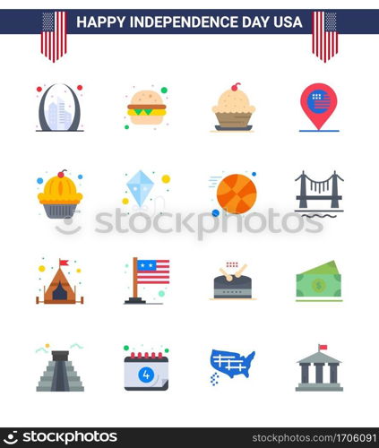 16 USA Flat Pack of Independence Day Signs and Symbols of american; map; cake; location; thanksgiving Editable USA Day Vector Design Elements