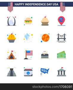 16 USA Flat Pack of Independence Day Signs and Symbols of american; map; cake; location; thanksgiving Editable USA Day Vector Design Elements