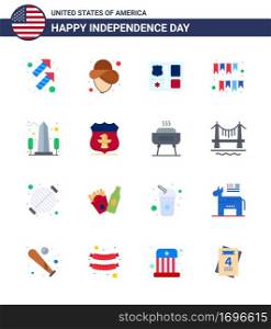 16 USA Flat Pack of Independence Day Signs and Symbols of monument  party  shield  decoration  garland Editable USA Day Vector Design Elements