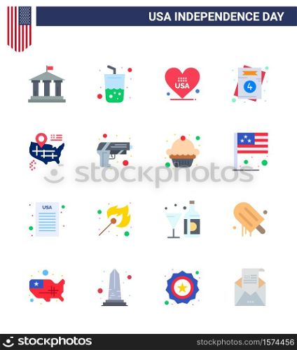 16 USA Flat Signs Independence Day Celebration Symbols of map; wedding; heart; usa; invitation Editable USA Day Vector Design Elements
