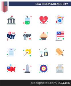 16 USA Flat Signs Independence Day Celebration Symbols of map; wedding; heart; usa; invitation Editable USA Day Vector Design Elements