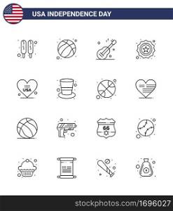 16 USA Line Pack of Independence Day Signs and Symbols of american  heart  music  flag  security Editable USA Day Vector Design Elements