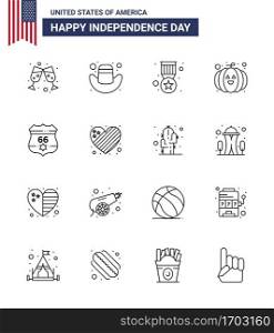 16 USA Line Pack of Independence Day Signs and Symbols of american  usa  medal  shield  festival Editable USA Day Vector Design Elements