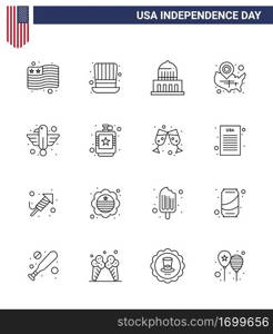16 USA Line Pack of Independence Day Signs and Symbols of animal  location pin  city  wisconsin  states Editable USA Day Vector Design Elements