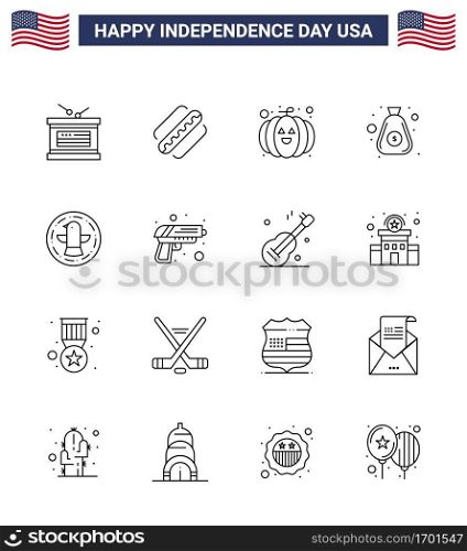 16 USA Line Pack of Independence Day Signs and Symbols of celebration; american; food; cash; money Editable USA Day Vector Design Elements