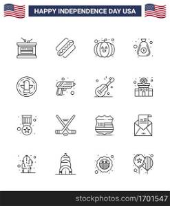 16 USA Line Pack of Independence Day Signs and Symbols of celebration; american; food; cash; money Editable USA Day Vector Design Elements