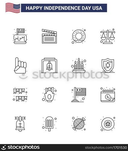 16 USA Line Pack of Independence Day Signs and Symbols of hand; scale; usa; law; court Editable USA Day Vector Design Elements