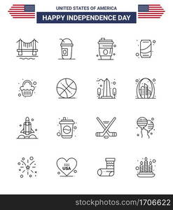 16 USA Line Pack of Independence Day Signs and Symbols of party; cola; alcohol; soda; beer Editable USA Day Vector Design Elements