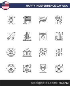 16 USA Line Signs Independence Day Celebration Symbols of baseball  american  american  fly  bloon Editable USA Day Vector Design Elements