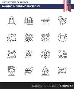 16 USA Line Signs Independence Day Celebration Symbols of bird  usa  tourism  american  icecream Editable USA Day Vector Design Elements