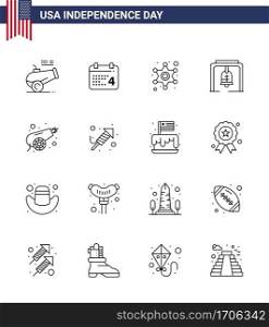 16 USA Line Signs Independence Day Celebration Symbols of canon  church bell  men  christmas bell  alert Editable USA Day Vector Design Elements