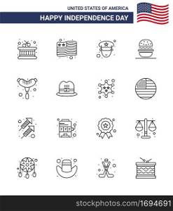 16 USA Line Signs Independence Day Celebration Symbols of cap  sausage  police  frankfurter  usa Editable USA Day Vector Design Elements