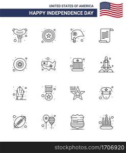 16 USA Line Signs Independence Day Celebration Symbols of map; military; protection; badge; american Editable USA Day Vector Design Elements