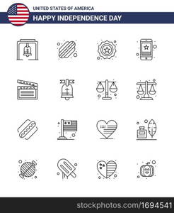 16 USA Line Signs Independence Day Celebration Symbols of movis  phone  security  mobile  star Editable USA Day Vector Design Elements
