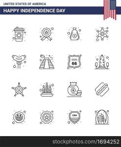 16 USA Line Signs Independence Day Celebration Symbols of sausage  food  money  police sign  police Editable USA Day Vector Design Elements