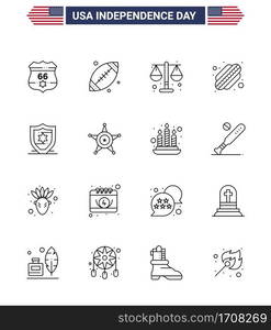16 USA Line Signs Independence Day Celebration Symbols of shield; american; court; states; american Editable USA Day Vector Design Elements