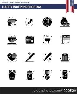 16 USA Solid Glyph Pack of Independence Day Signs and Symbols of cup  american  glass  money  dollar Editable USA Day Vector Design Elements