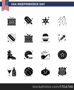 16 USA Solid Glyph Signs Independence Day Celebration Symbols of hotdog  usa  badge  american  firework Editable USA Day Vector Design Elements