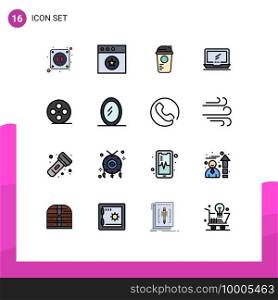 16 User Interface Flat Color Filled Line Pack of modern Signs and Symbols of film reel, laptop, recreation, imac, monitor Editable Creative Vector Design Elements