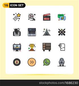 16 User Interface Flat Color Filled Line Pack of modern Signs and Symbols of cell, chat, action, speaker, clapperboard Editable Creative Vector Design Elements