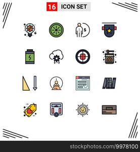 16 User Interface Flat Color Filled Line Pack of modern Signs and Symbols of battery, ribbon, finance, insignia, badge Editable Creative Vector Design Elements